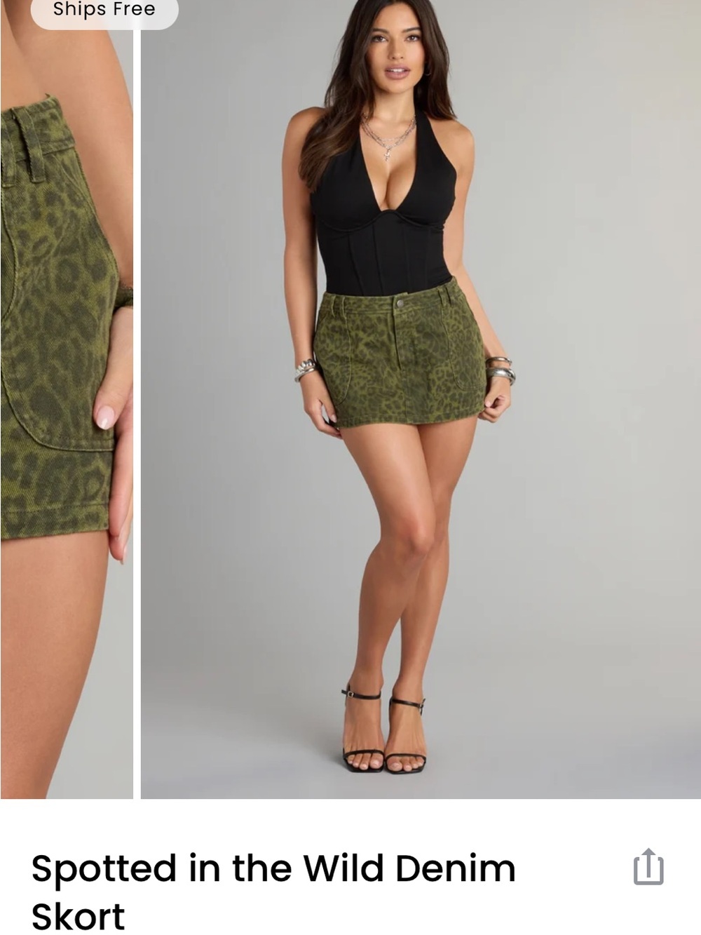 Olive Green Leopard-Print Mini Skirt